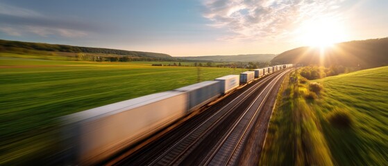 High-Speed Cargo Train Through Green Countryside at Golden Hour