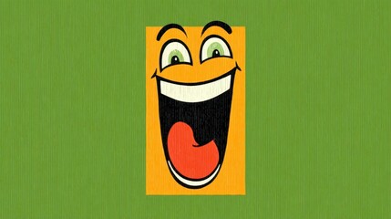 Joyful Cartoon Face with Grin and Open Mouth on Textured Green Background