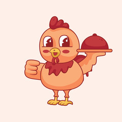 Cute Chicken Serves Food Cartoon Character Illustration