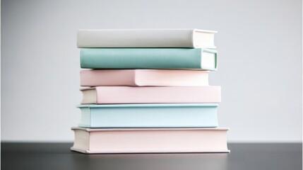 Stack of Books Pastel Colors Minimalist Style High-quality Soft Lighting Vertical Close-up Shot Smooth Cover Textures Reading Leisure Neutral Background Soft Pastel Hues Website Design Element