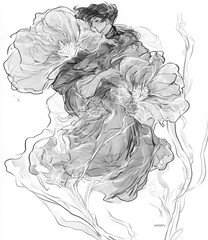 Two figures embraced amidst ethereal flowers