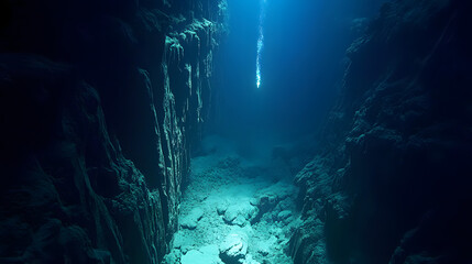 Ocean's Abyssal Canyon: An underwater view of a deep-sea canyon, the vast and dark depths of the ocean, with sunlight rays. The image captures the mystery and grandeur of the marine world. 