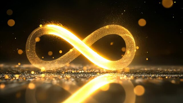Golden infinity symbol with sparkling particles on black background video footage. Abstract glittering gold dust motion clip for logo reveal, celebration event, awards.