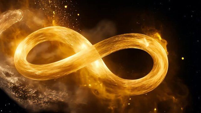 Infinity symbol in cosmic fire swirl motion footage. Abstract glowing figure eight in outer space video clip. Endless fiery loop of burning light energy.