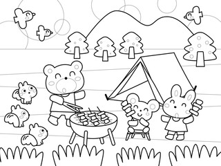 キャンプを楽しむ動物たちの塗り絵