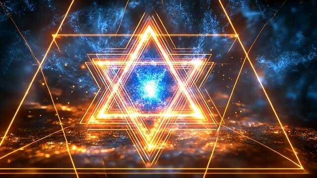 Energetic star of david with blue and orange neon lights video footage. Mystical glowing star, sacred geometry and magical power clip. Spiritual symbol motion picture.