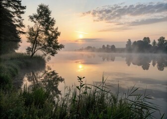 Obraz premium Calm water reflects a foggy sunrise, creating a peaceful, serene nature scene.