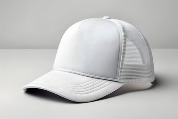 Fototapeta premium Realistic mockup of a white trucker cap with mesh back and curved visor on neutral background. Ideal for apparel branding and custom hat design presentations.