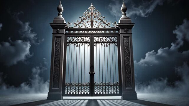 Enormous gothic cemetery gate floating in mid-air with intricate ironwork patterns glowing faintly, surrounded by swirling mist in an endless void, Cemetery Gate