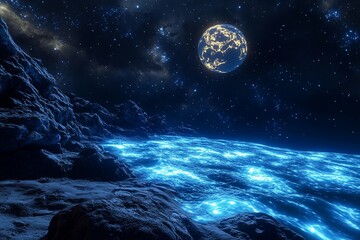 Vivid ocean waves illuminated by a bright azure celestial body at night