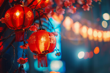 Obraz premium Beautiful holiday composition for happy celebrate chinese festival of lanterns, abstract vivid composition consists of fictional unreal fantastic vision on background