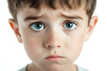 A thoughtful boy with expressive blue eyes, conveying emotions of concern and curiosity against a white background.