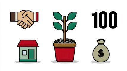 Pixel Art Business Growth Concept Handshake, Plant, House, Money Bag