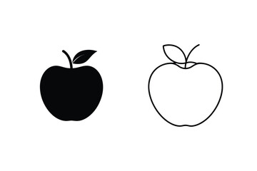 Apple Fruit Vector Icon In Solid And Line Art Black Color Set