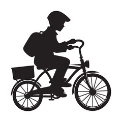 Silhouette Boy Riding Bicycle with Basket and Backpack Vector Art