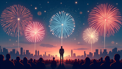 Flat Spectacular July 4th Fireworks Show: Captivating Urban Audiences with Breathtaking Explosive Displays and Synchronized Light Bursts in a Cute Vector Style