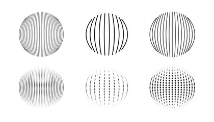 Set of black and white globe icons and symbols. dotted halftone. globe or ball in circle. geometric network in dots and lines frames