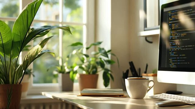 A sunlit workspace featuring a computer displaying code, coffee, and lush houseplants by a window.