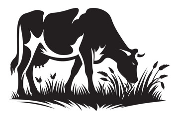 Obraz premium Silhouette Cow Grazing Grass in Field for Milk Production Agriculture