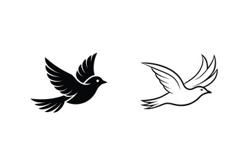 Two Simple Bird Illustrations Silhouette And Outline Flying Birds Design Concept