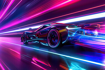 Fototapeta premium Power source for charging battery of beautiful hybrid electric car on road, abstract vivid composition consists of fictional unreal fantastic vision on background
