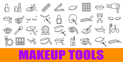 Jet Black Makeup Tools Icons Set with Brushes and Lipstick for Beauty Essentials Vector Design, Isolated