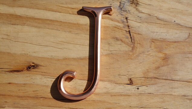 Copper letter J on wood