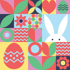 Easter bunny, egg and flower background. Geometric design with cartoon elements. Vector illustration