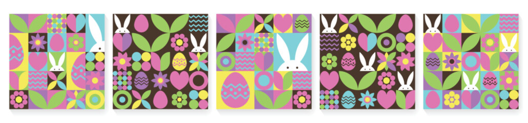 Collection of Easter background in geometric style. Mosaic with bunny, egg and flower. Abstract design.  Vector illustration
