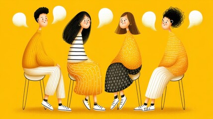 Pixel Art Illustration of Four Young Adults in Conversation on Yellow Chairs
