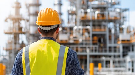 A worker in a safety vest and helmet examines an industrial facility, highlighting the importance of safety in the construction and energy sectors.