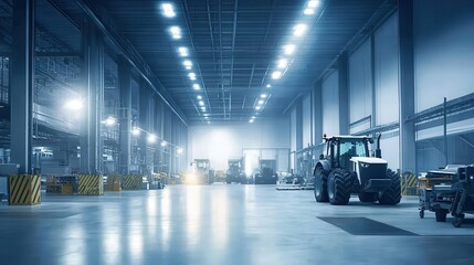 Modern Warehouse Interior with Heavy Machinery and Bright Lighting