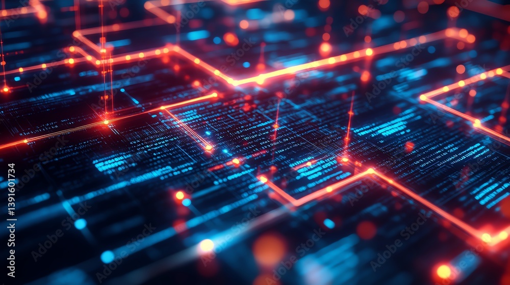 Poster abstract digital network grid with glowing lines and data patterns in dark background showcasing tec