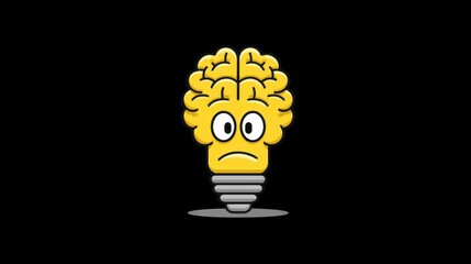 Pixel Art Light Bulb with Brain and Worried Expression on Black Backdrop