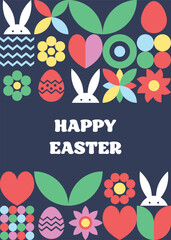 Geometric East greeting card with bunny, egg and flower. Abstract pattern design. Vector illustration
