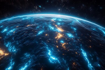 Obraz premium Vivid ocean waves illuminated by a bright azure celestial body at night