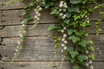 Cascading vines and white blossoms overlay rustic wood; a dreamy nature double exposure photograph.