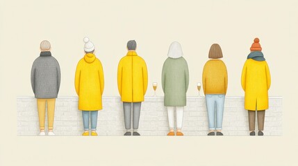 Pixel Art of Six People on Stone Platform Wearing Yellow Raincoats and Coats