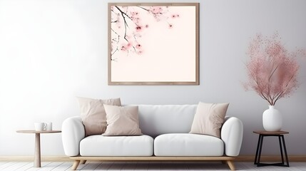 Serene Living Room Interior Design with Pink Blossom Artwork and Modern Sofa