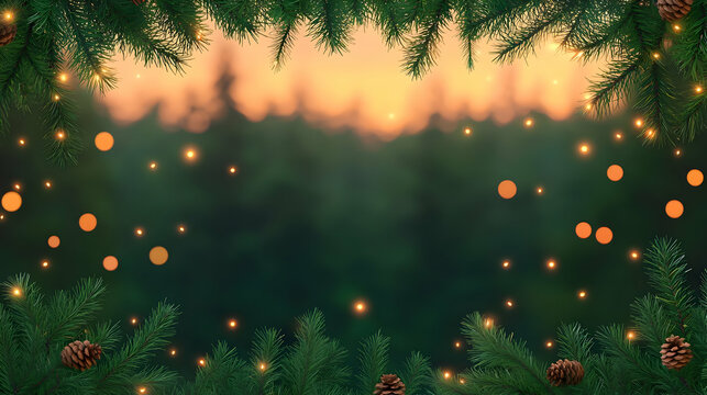 Dreamy Evergreen Bokeh Lights in Festive Holiday Atmosphere
