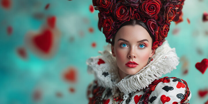 Young woman with red rose crown, wearing white lace collar and red heart patterned dress, against a teal background with falling hearts.  Alice in Wonderland theme, symbolizing fantasy and romance