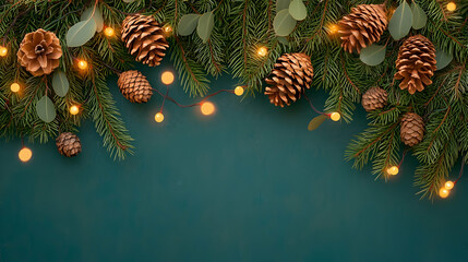 Naklejka premium Festive Pine Decor with Cones and Warm Lights for Holiday Celebrations