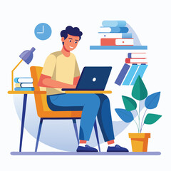 a boy is using his laptop vector