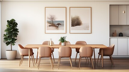 Modern Minimalist Dining Room Interior Design with Wooden Table and Peach Chairs Beach Artwork
