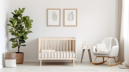 Modern Nursery Decor Light Wood Crib Rocking Chair and Fiddle Leaf Fig Plant