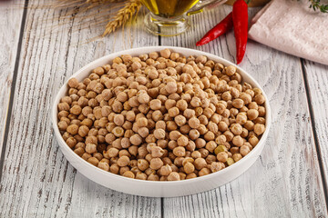 Dry chickpea seeds heap in the bowl