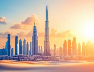 Obraz premium Dubai Skyline at Sunset with Desert Sand and Colorful Sky