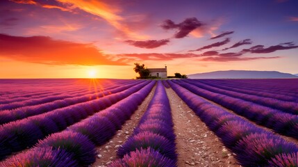 Fototapeta premium Stunning Sunset over Lavender Fields in Provence Rustic Farmhouse Scenic View