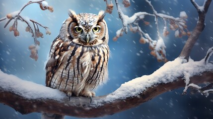 Majestic Long eared Owl Perched on Snow Covered Branch in Winter Wonderland