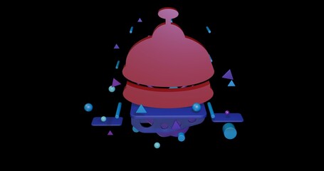 Red reception bell symbol on a pedestal of abstract geometric shapes floating in the air. Abstract concept art with flying shapes in the center. 3d illustration on black background